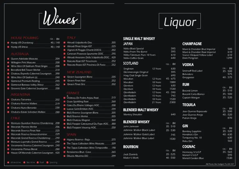 helipad wine and liquor menu